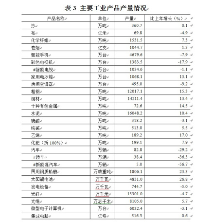 表3 主要工业产品产量情况